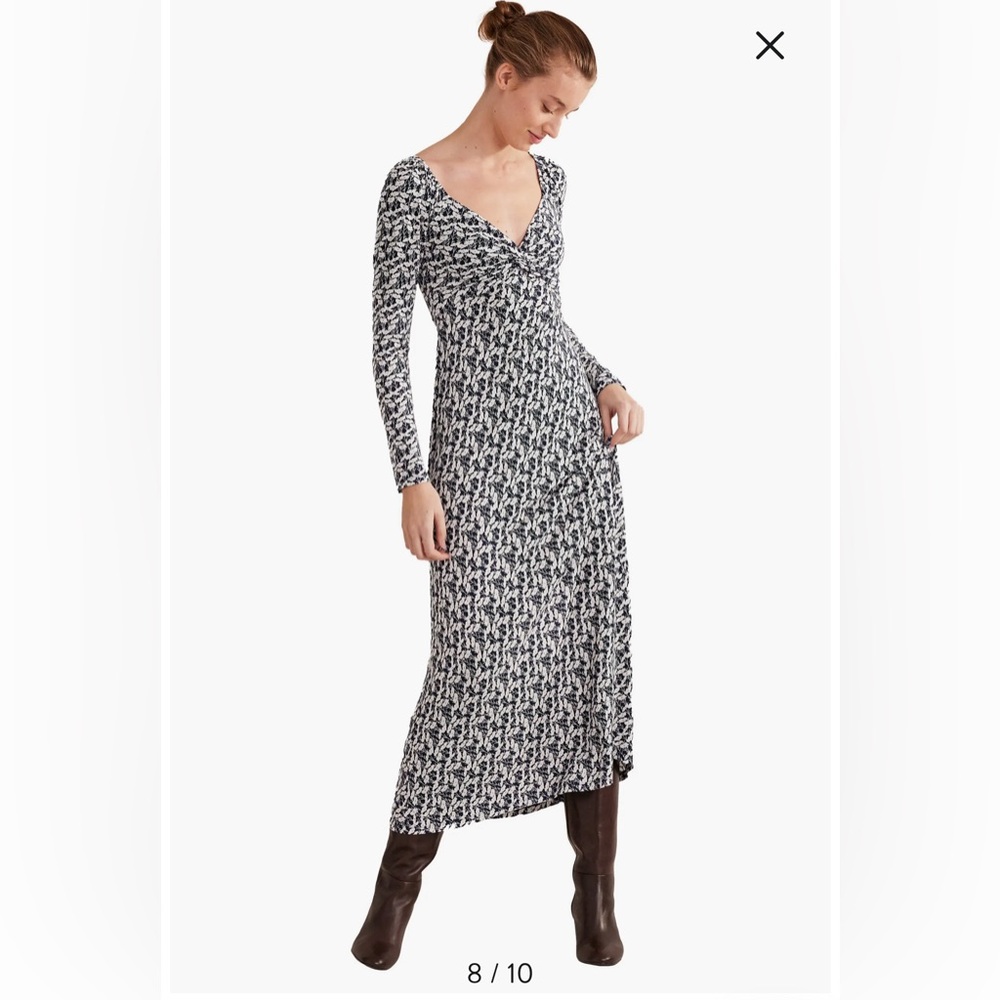 Boden Floral Long Sleeve Sweetheart Neck Midi Dress in French Navy size 10R